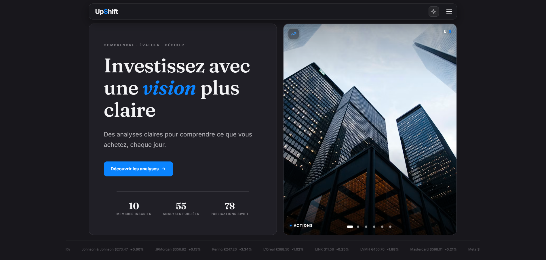 Page d'accueil d'Up$hift avec le titre, le bouton Découvrir les analyses et les statistiques