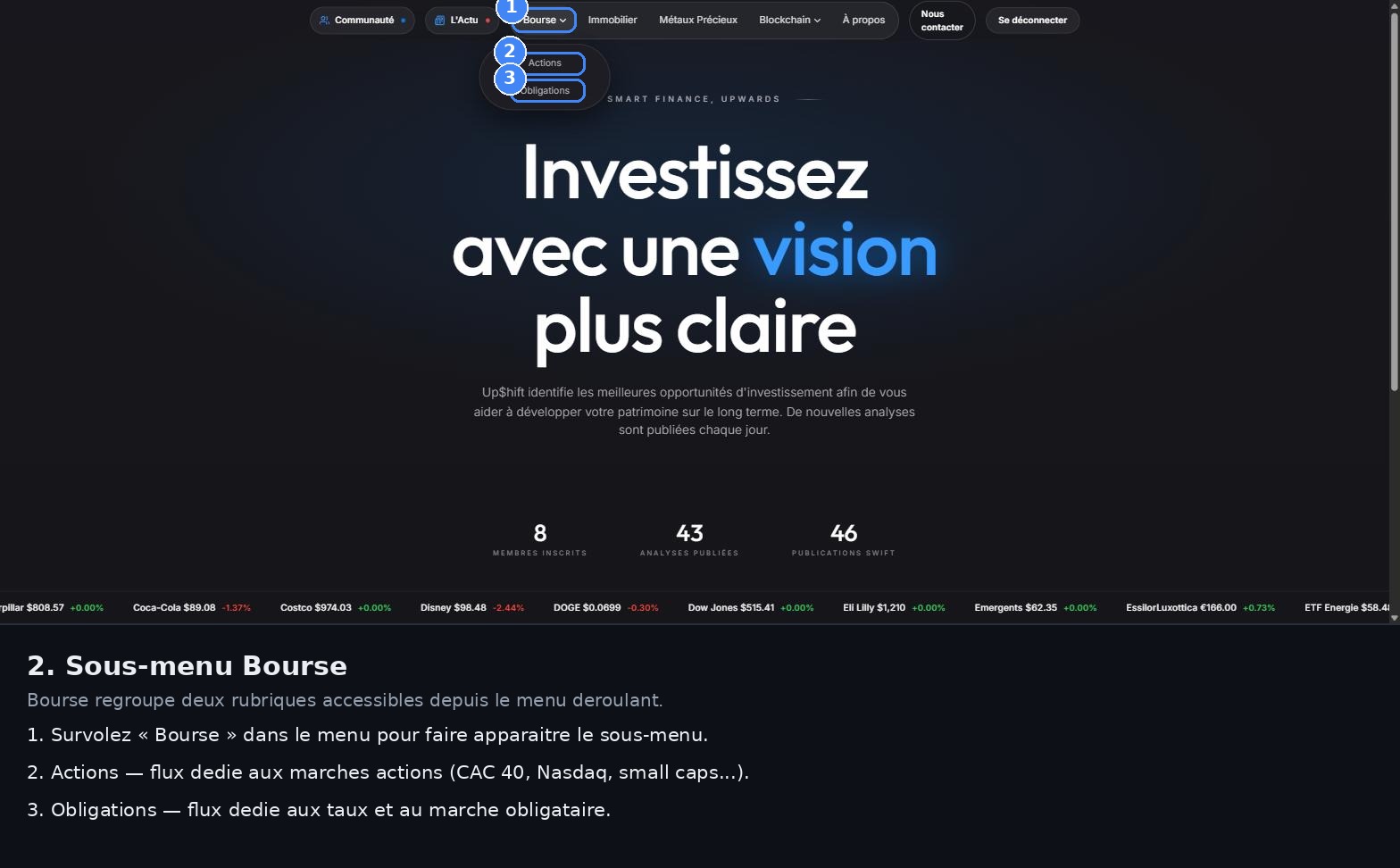 Menu déroulant Bourse ouvert sur Actions et Obligations