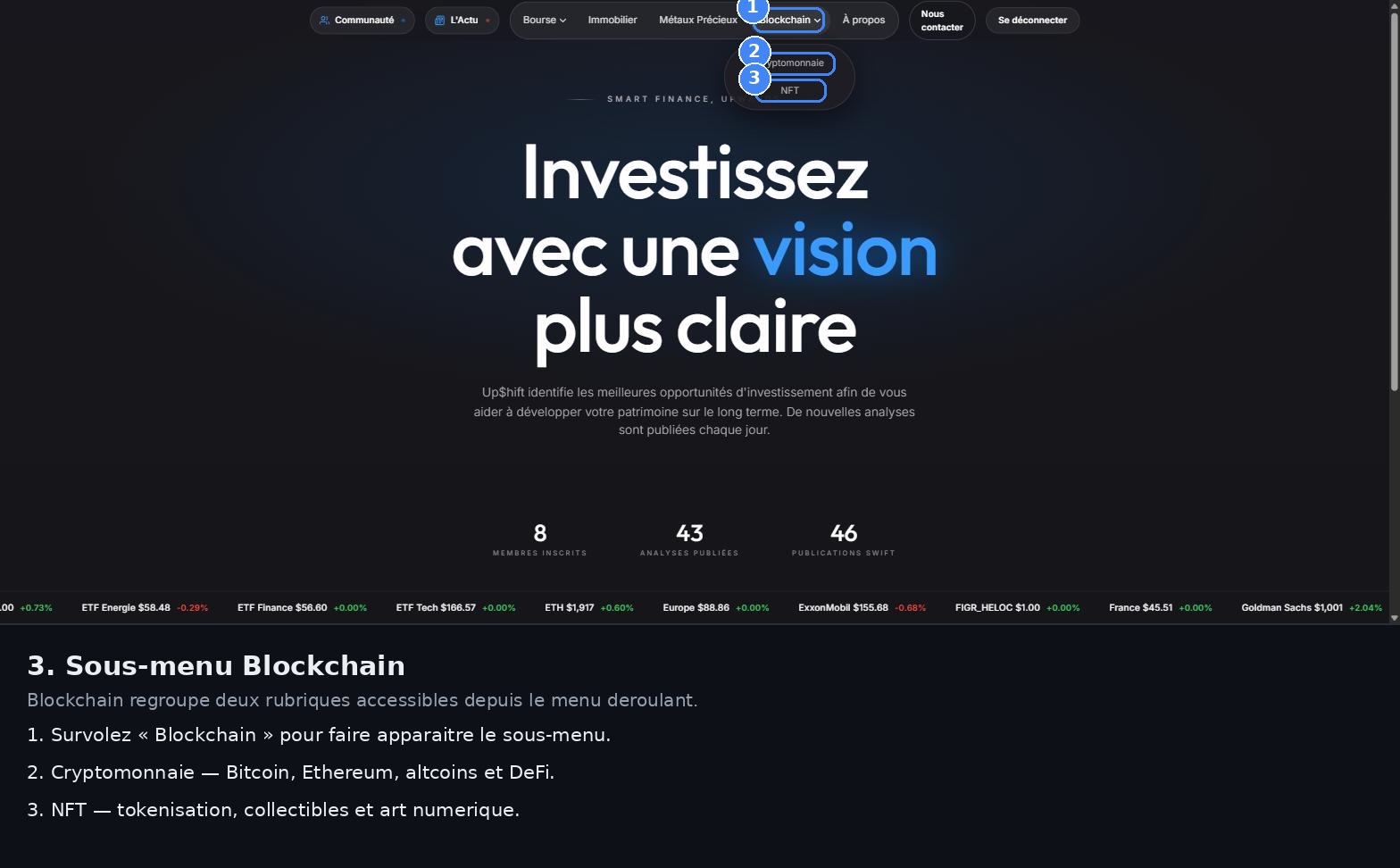 Menu déroulant Blockchain ouvert sur Cryptomonnaie et NFT