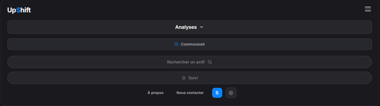 Menu déployé montrant Analyses, Communauté, Rechercher un actif, Suivi, À propos et Nous contacter
