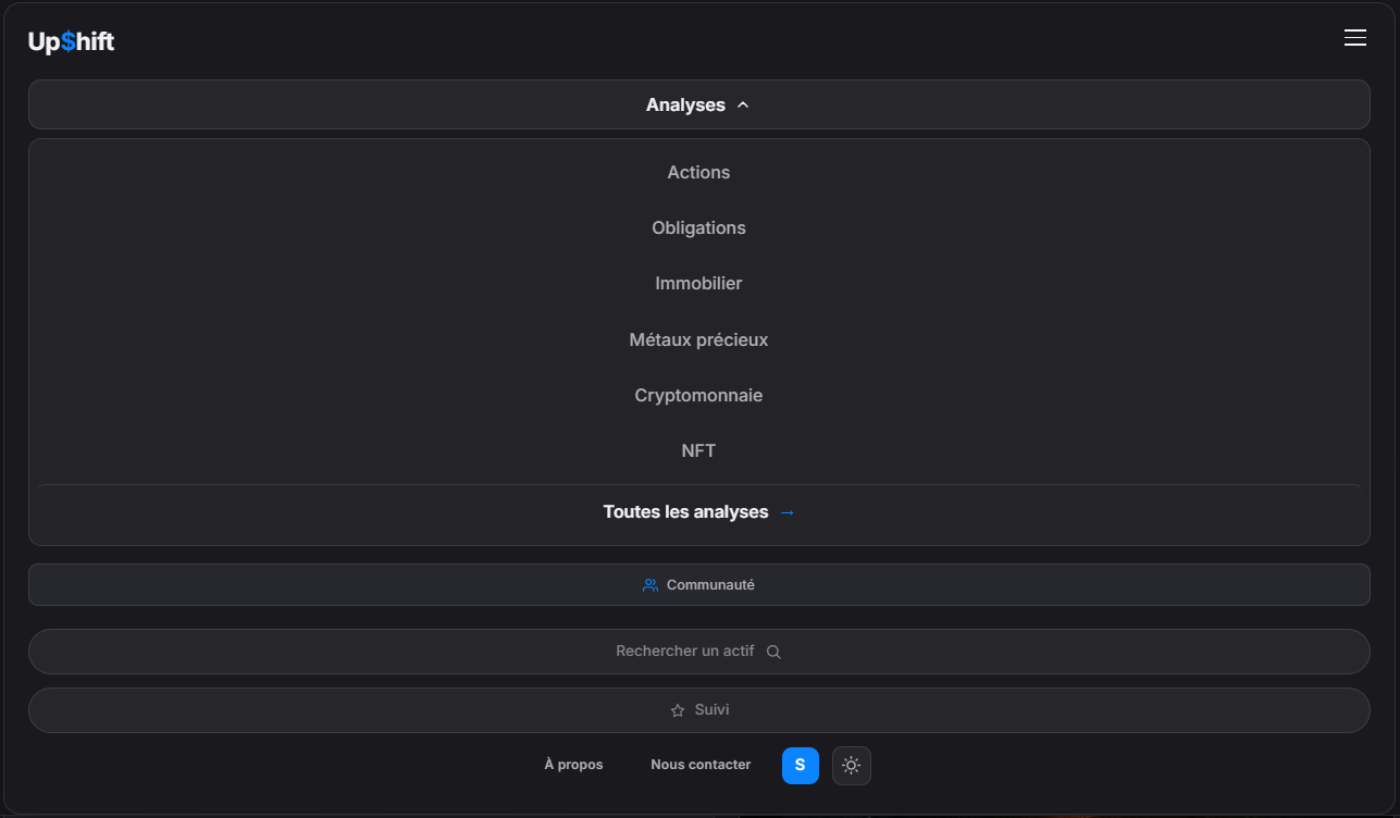 Sous-menu Analyses déplié : Actions, Obligations, Immobilier, Métaux précieux, Cryptomonnaie, NFT et Toutes les analyses