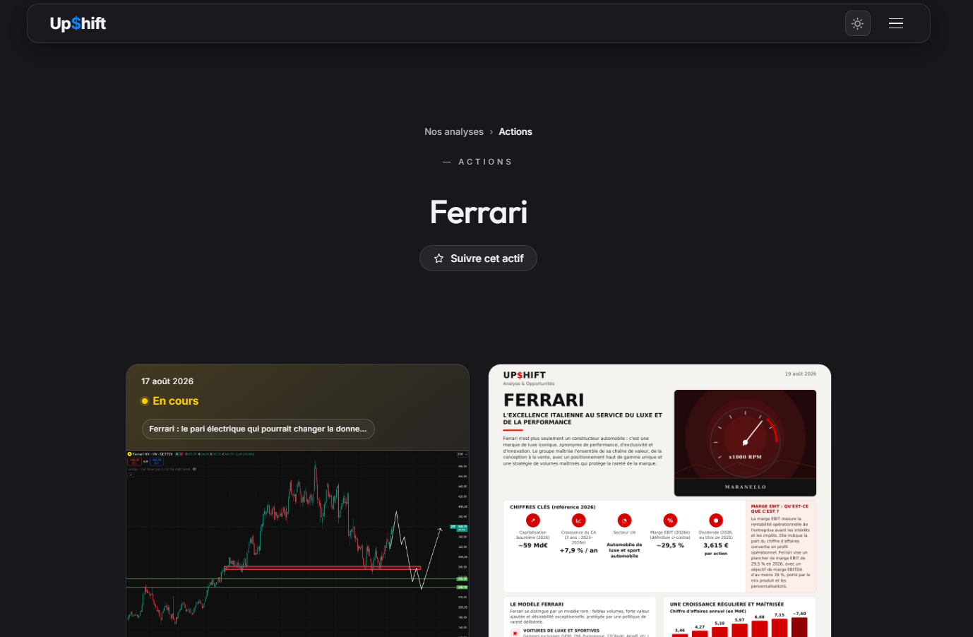 Page d'une analyse (Ferrari) avec le bouton Suivre cet actif, un graphique et une fiche d'entreprise