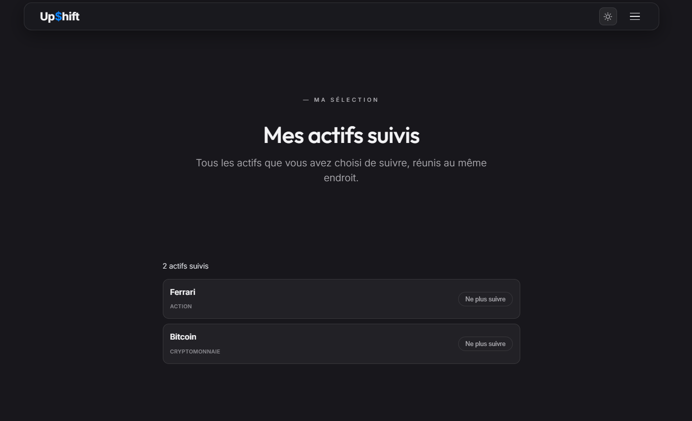 Page Mes actifs suivis listant Ferrari et Bitcoin avec un bouton Ne plus suivre