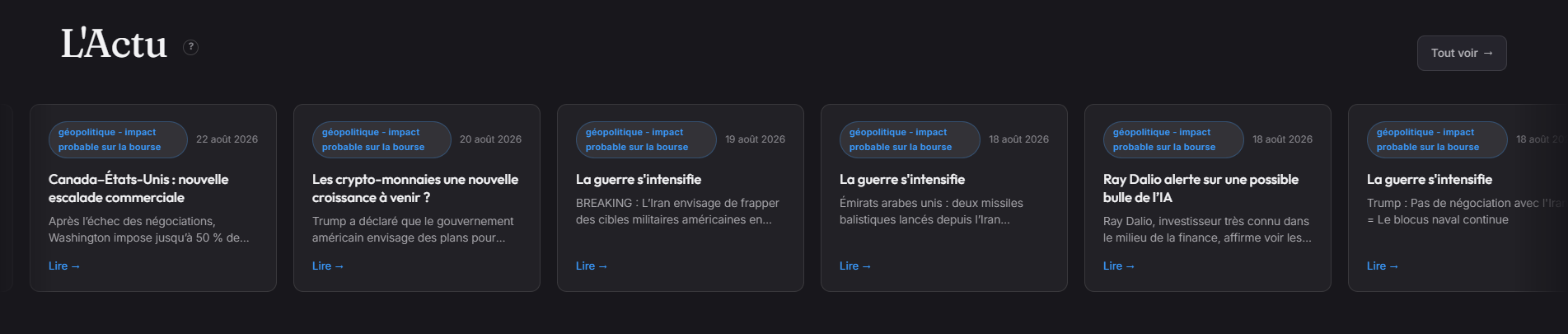 Page L'Actu avec des cartes d'actualités économiques datées