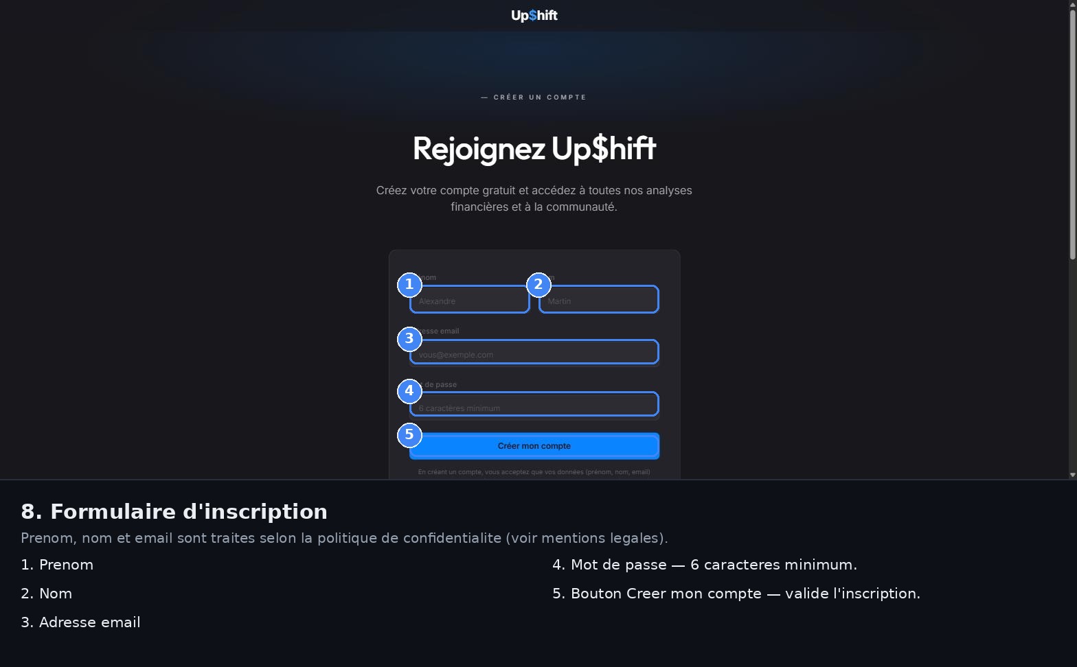 Formulaire d'inscription avec prénom, nom, email et mot de passe