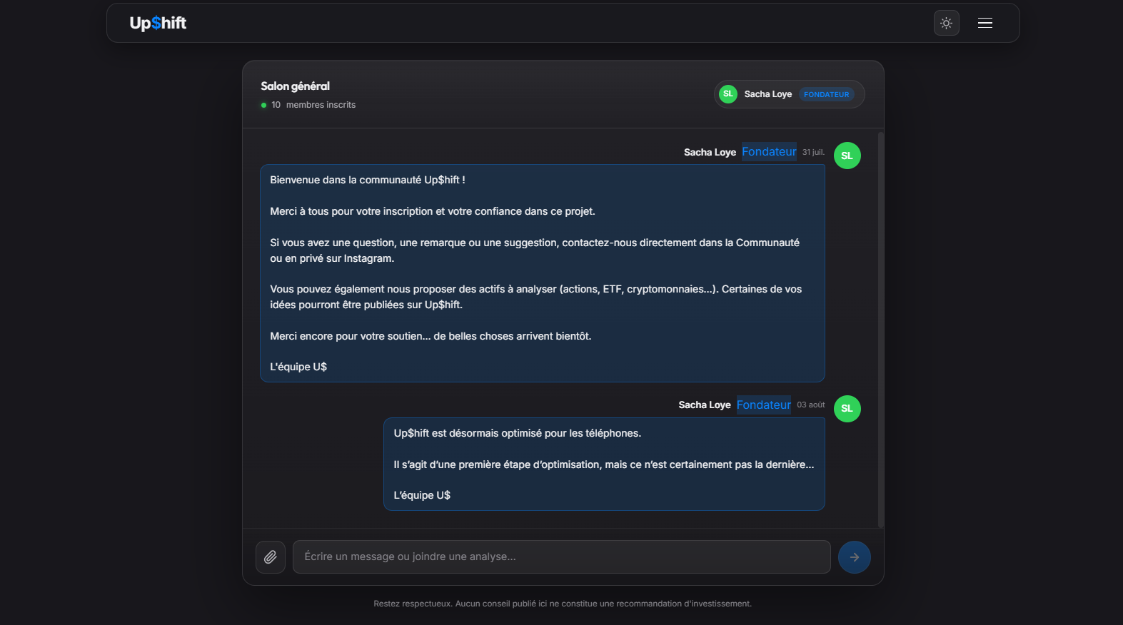 Salon général de la Communauté avec des messages et un champ pour écrire