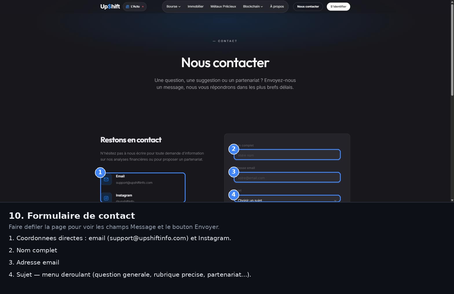Formulaire de contact avec nom, email, sujet et message