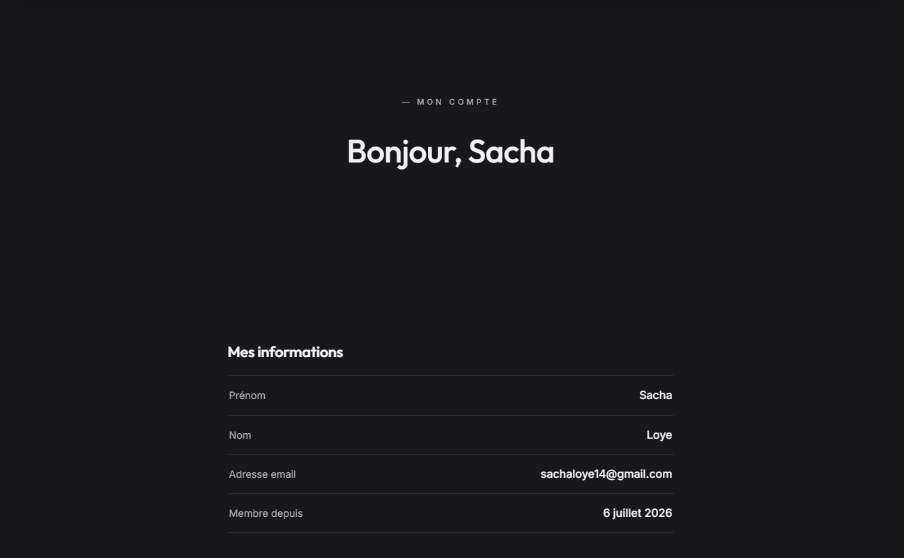 Page Mon compte affichant les informations personnelles