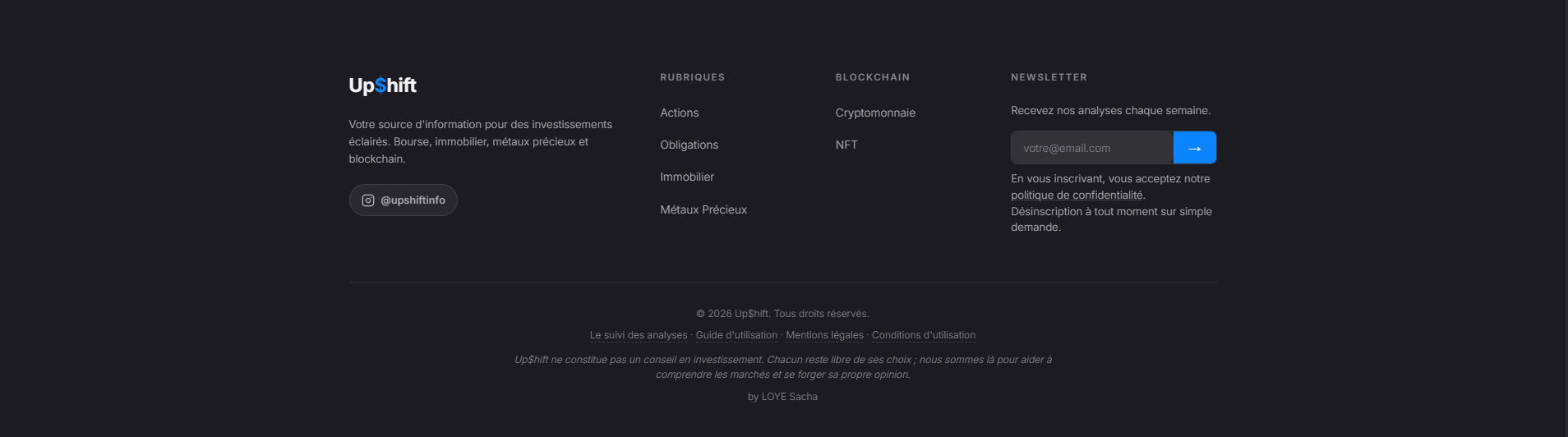 Pied de page avec les rubriques, les liens et le formulaire d'inscription à la newsletter